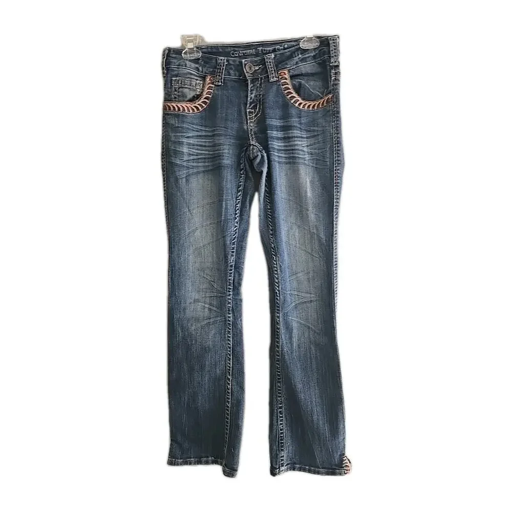 Cowgirl Tuff Co Blue Denim Bootcut Low Rise Western Jeans Womans Size 26x33‎